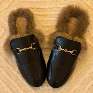 RIVETED Fur Lined Black Horsebit Mule Loafers | Cozy Designer Inspired Slip-On